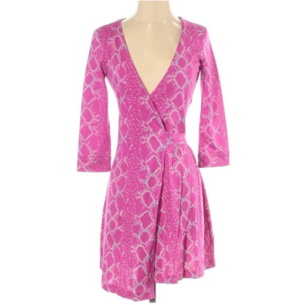 H7 Diane von Furstenberg Pink Geometric Diamond Wrap Dress 3/4 Sleeve Size 2